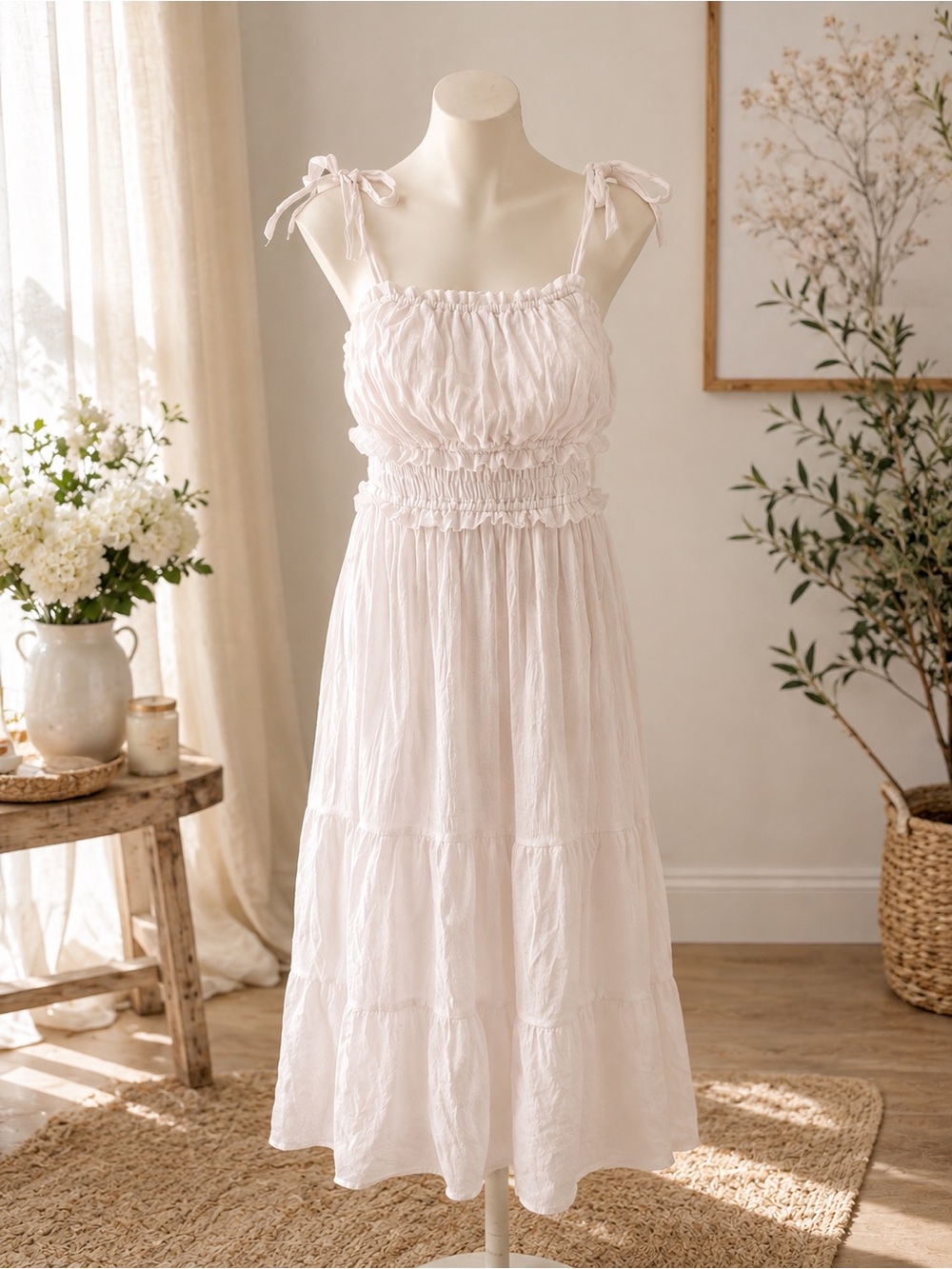 White Smocked Maxi Dress | Tie Shoulder | Cottagecore Boho | Summer Dress